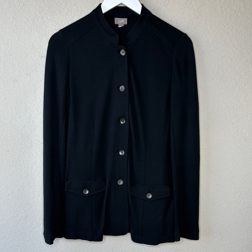 J. Jill Mandarin‎ Collar Button Front Black Wool Blend Blazer Jacket Size M